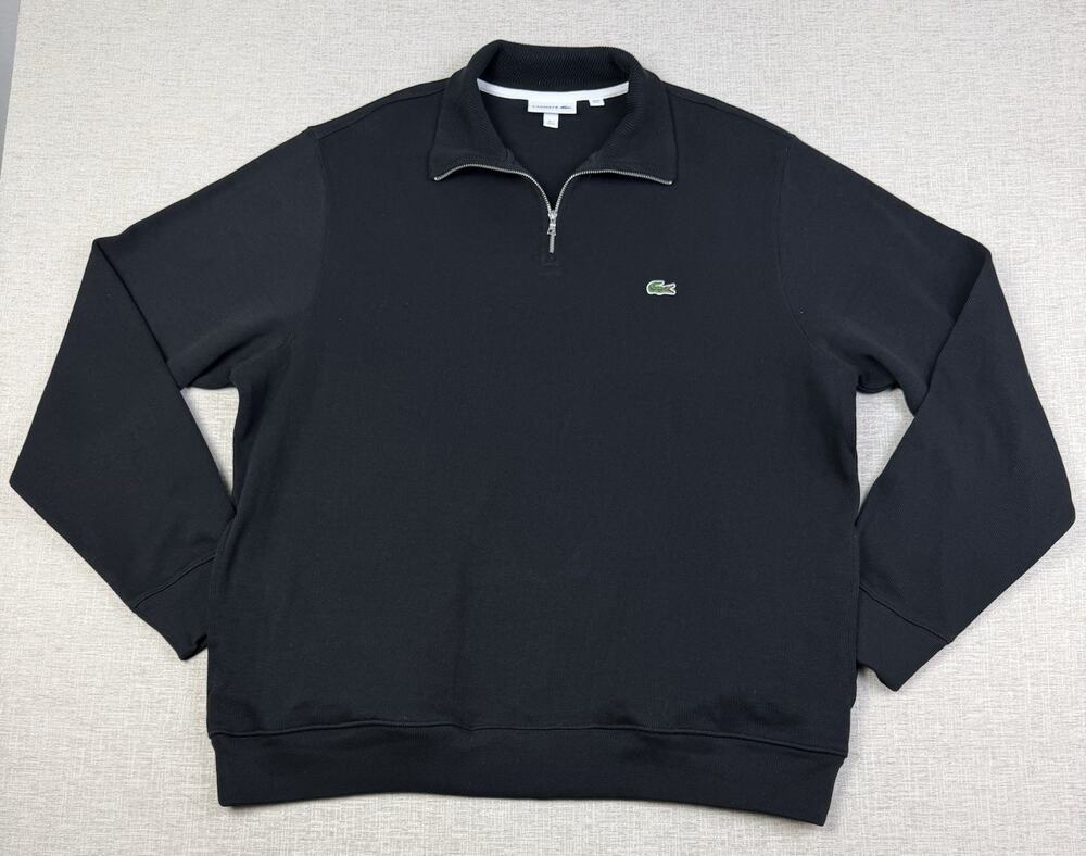 Lacoste Sweater Men’s XXL 7 Black Cotton Quarter Zip Pullover Crocodile Logo